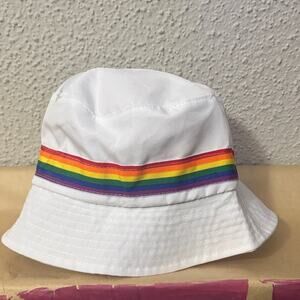 White Bucket Pride Hat with Rainbow Stripe Colorful Casual Dopamine Festival O/S